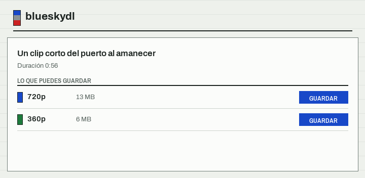 La lista muestra 720p y 360p como guardables, con 1080p y 4K tachados por no haberse guardado nunca.