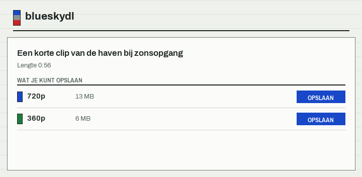 De lijst toont 720p en 360p als op te slaan, met 1080p en 4K doorgestreept omdat ze nooit zijn bewaard.